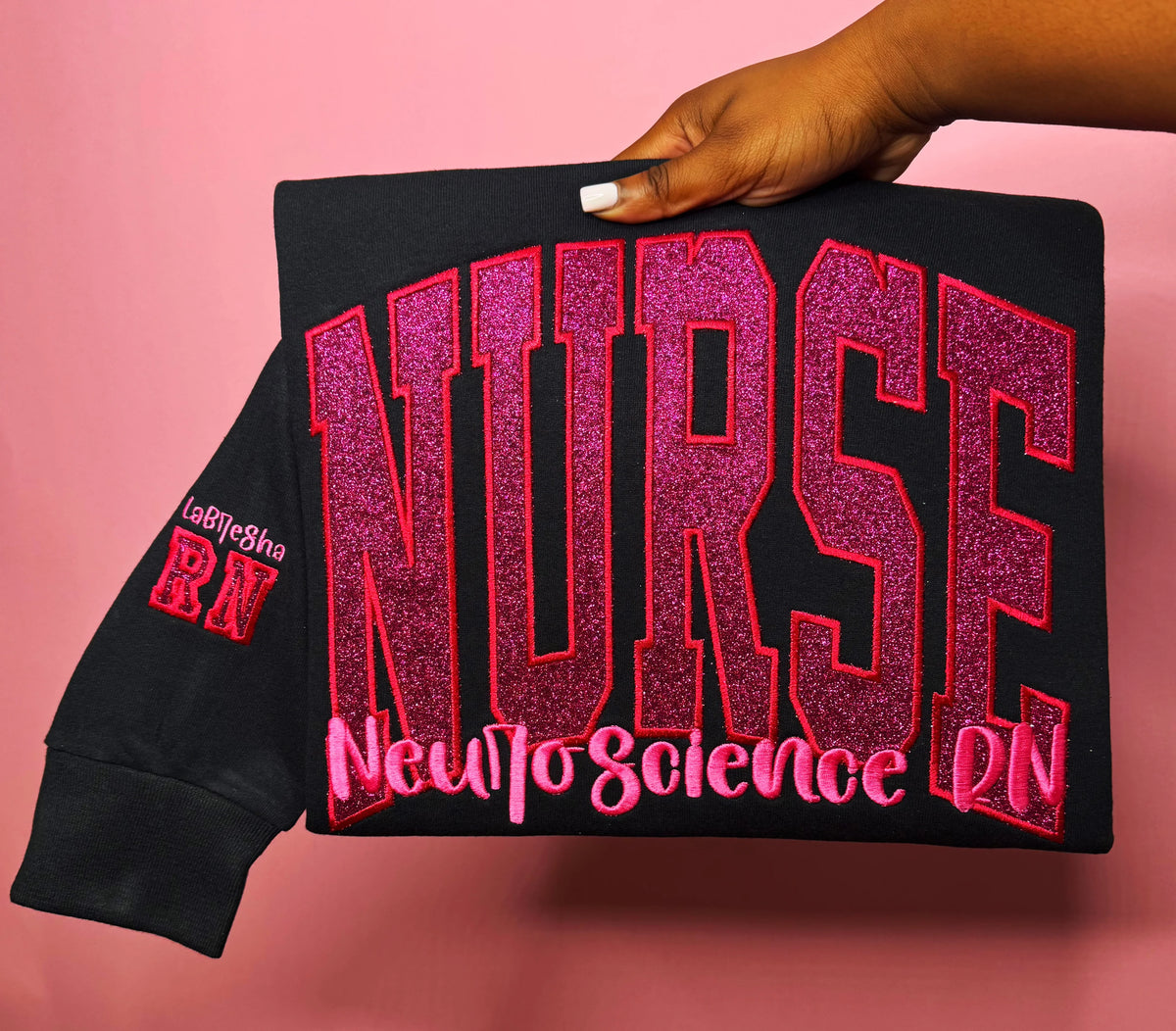 Embroidered Nurse Crewneck Sweatshirt, Glitter Applique Nursing Apparel