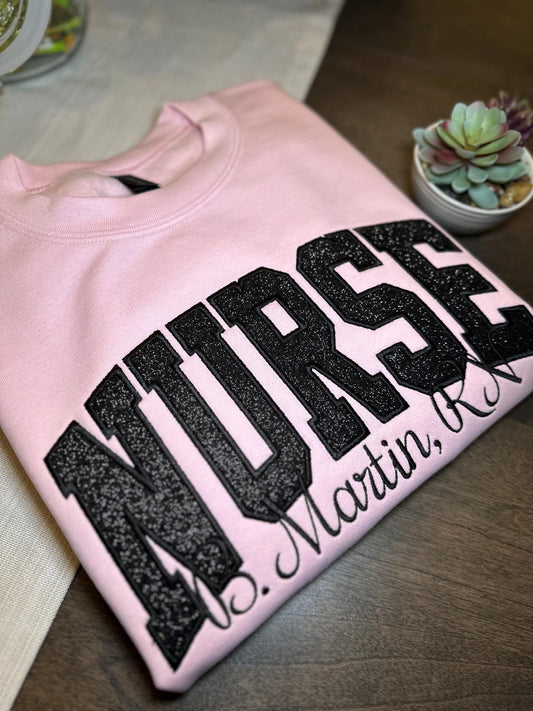 Embroidered Nurse Crewneck Sweatshirt, Glitter Applique Nursing Apparel